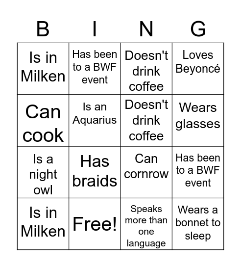BWF Bingo! Bingo Card