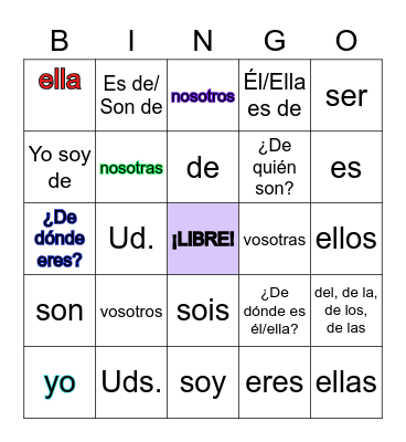 Lección 1: Subject pronouns and ser Bingo Card