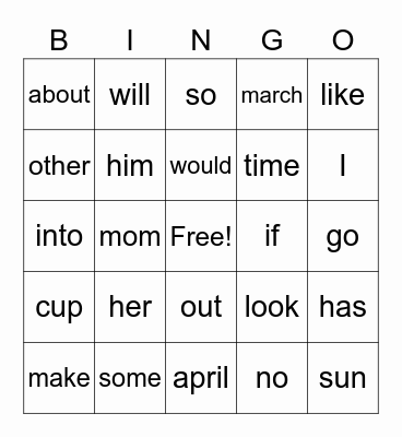 Sight Words Bingo Card