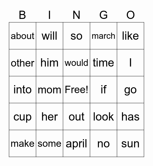 Sight Words Bingo Card