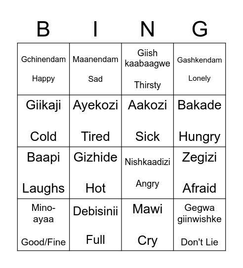 Feelings - S/he is___. Bingo Card