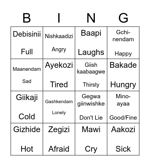 Feelings  (S/he is ___.) Bingo Card