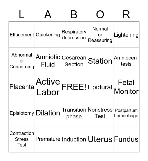 Labor and Delivery Bingo Card