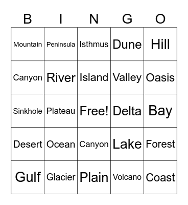 Physical Landforms Bingo Card