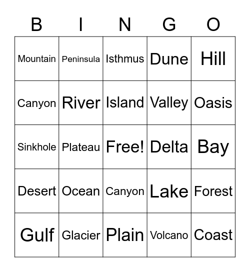 Physical Landforms Bingo Card