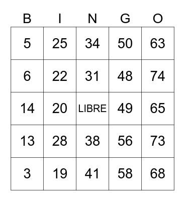 LOS NUMEROS 1-75 Bingo Card