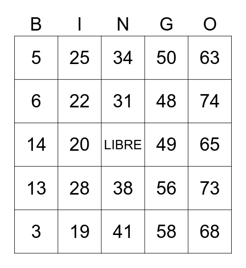 LOS NUMEROS 1-75 Bingo Card