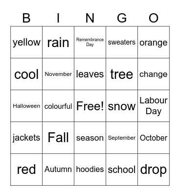 The Fall Season - Sept. 1 to Nov. 30 Bingo Card