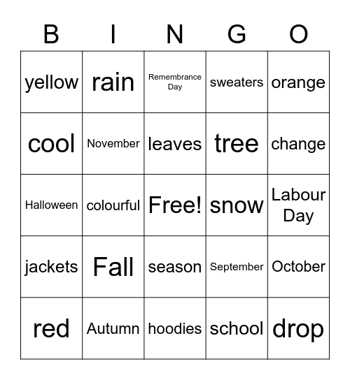 The Fall Season - Sept. 1 to Nov. 30 Bingo Card