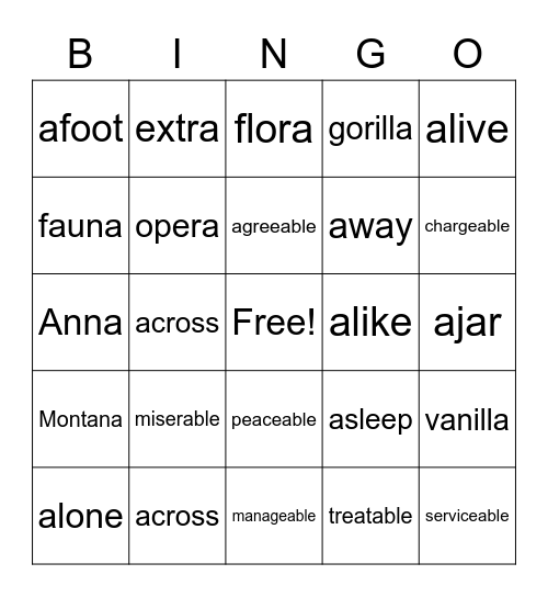 a-, a-, and -able review Bingo Card