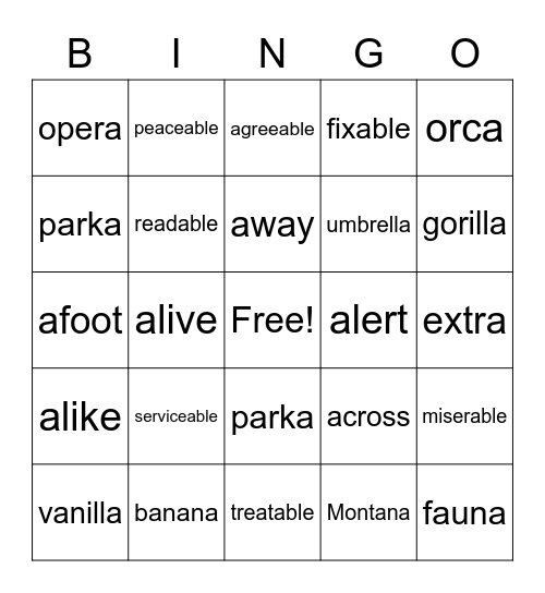 a-, -a, -able review Bingo Card