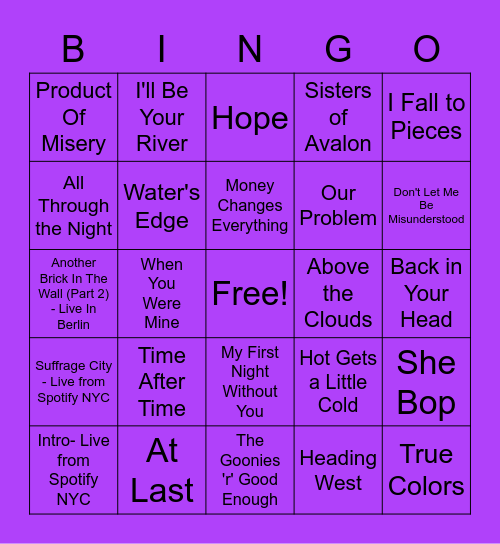 Cyndi Lauper Music Bingo Card
