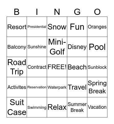 Wyndham Vacation Bingo Card