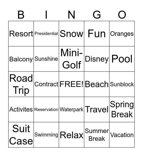 Wyndham Vacation Bingo Card