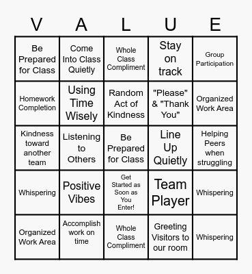 6th Grade Bingo Card