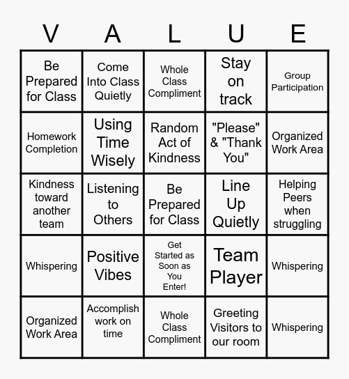 6th Grade Bingo Card