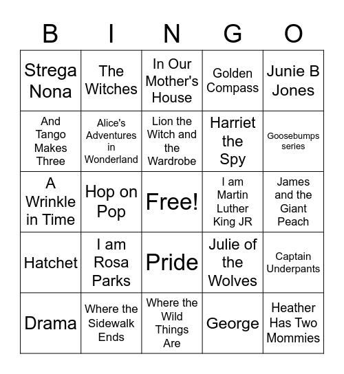 Banned or Challenged Book elementary Bingo Card