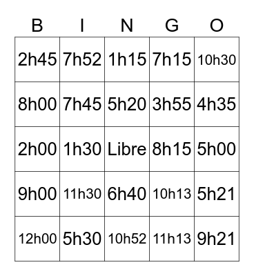 Telling Time Bingo Card