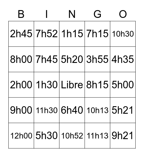 Telling Time Bingo Card