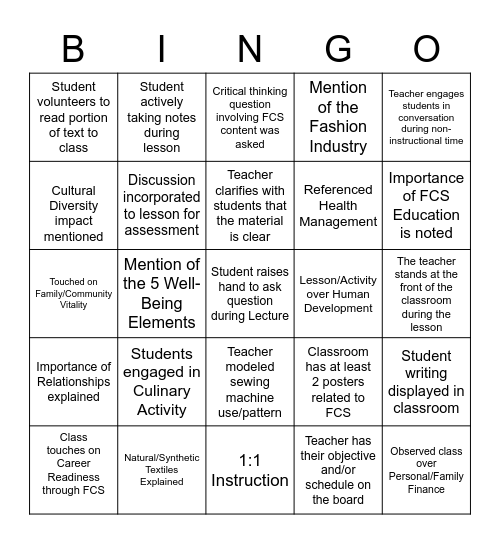 ☺FCS Observation Bingo☺ Bingo Card