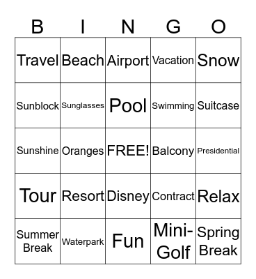 Wyndham Vacation Bingo Card