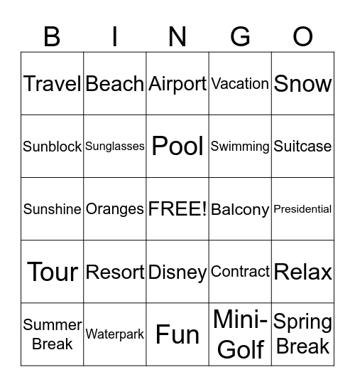 Wyndham Vacation Bingo Card