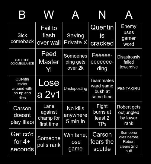 Bwana League Bingo Card