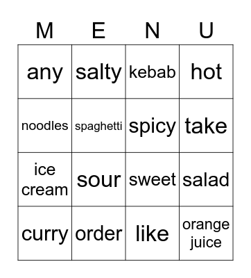 MENU Bingo Card