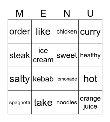 MENU Bingo Card