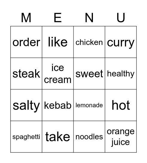MENU Bingo Card