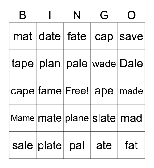 Long a - e Bingo Card