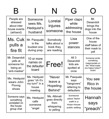 Hope House Bingo Card