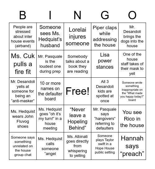 Hope House Bingo Card