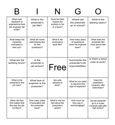 Engineer Presentation BINGO Card