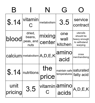 Foods and Nutrition Bingo Card