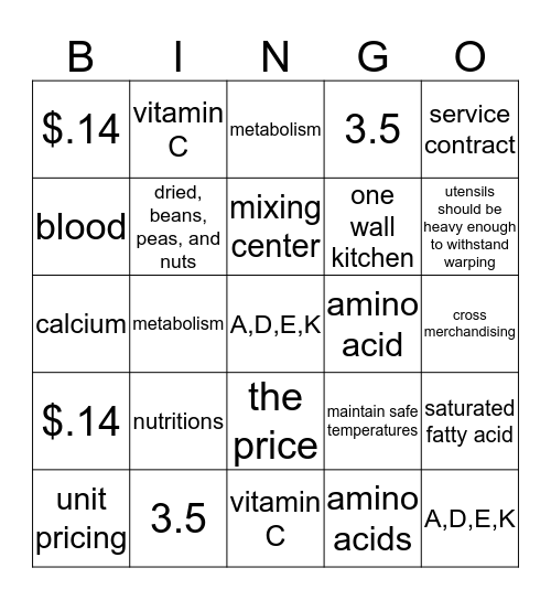 Foods and Nutrition Bingo Card