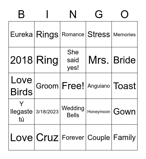 Joshua & Barbara Engagement Bingo Card