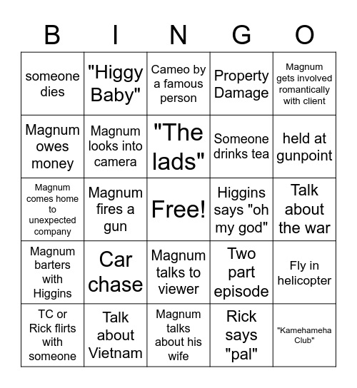 Magnum P.I. Bingo Card