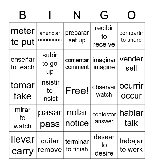 present tense regular verbs Bingo Card