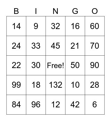 Multiplication Bingo Card