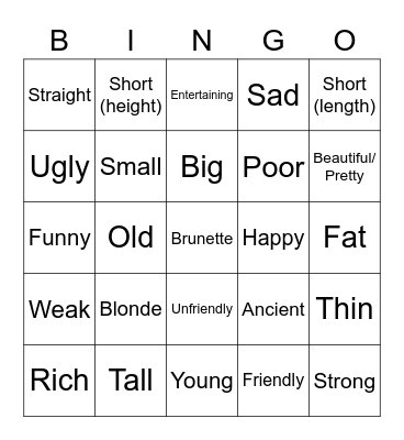 Adjectives Bingo Card