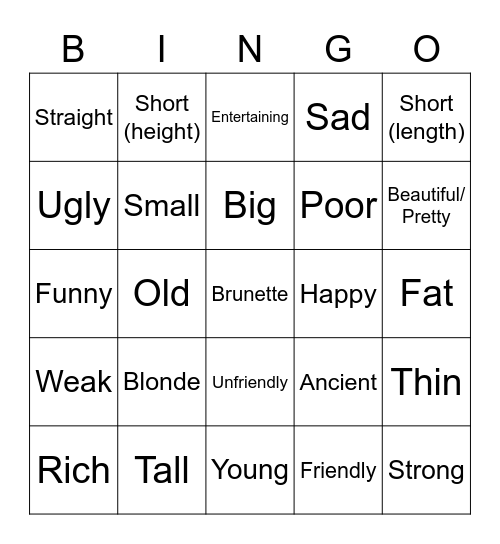 Adjectives Bingo Card