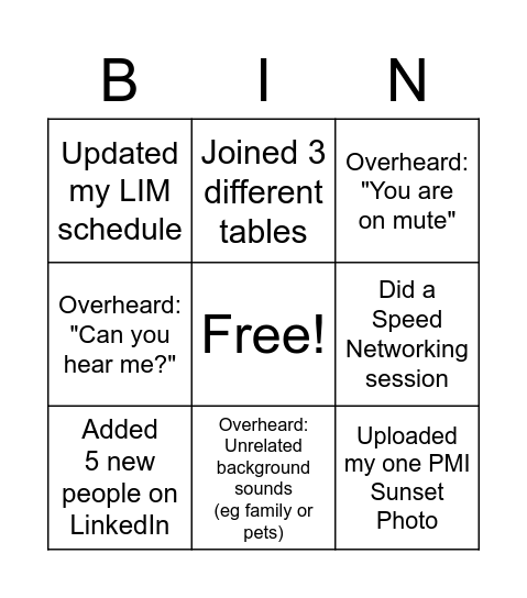LIM Preconference Networking - 5 October Bingo Card