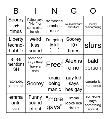 degrassi bingo Card
