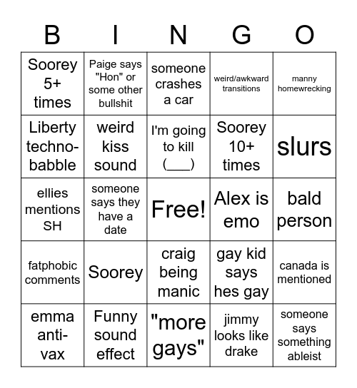 degrassi bingo Card