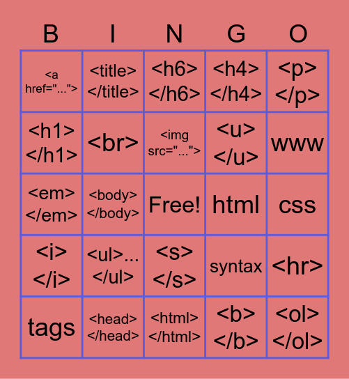 HTML TAGS Bingo Card