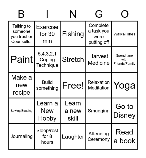 Stress Management Bingo Card