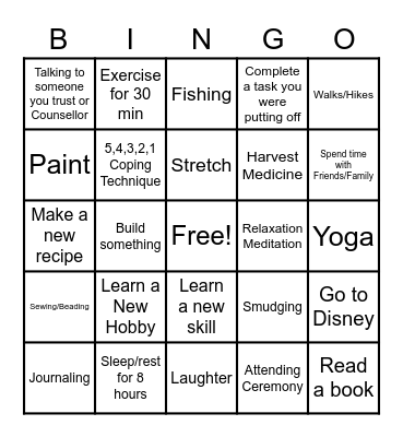 Stress Management Bingo Card
