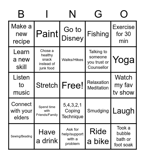 Stress Management Bingo Card