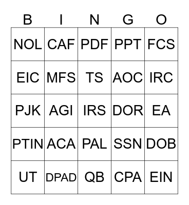 Tax Season Acronyms Bingo Card